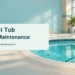 Original editorial illustration of an empty indoor hot tub with a stainless steel handrail; not a photograph of Delpark Homes Centre.