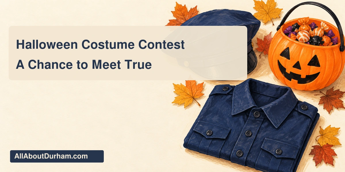 Conceptual editorial still-life illustration of a plain navy child’s costume cap, folded clothing and a pumpkin candy bucket, without police insignia; not actual contest prizes.