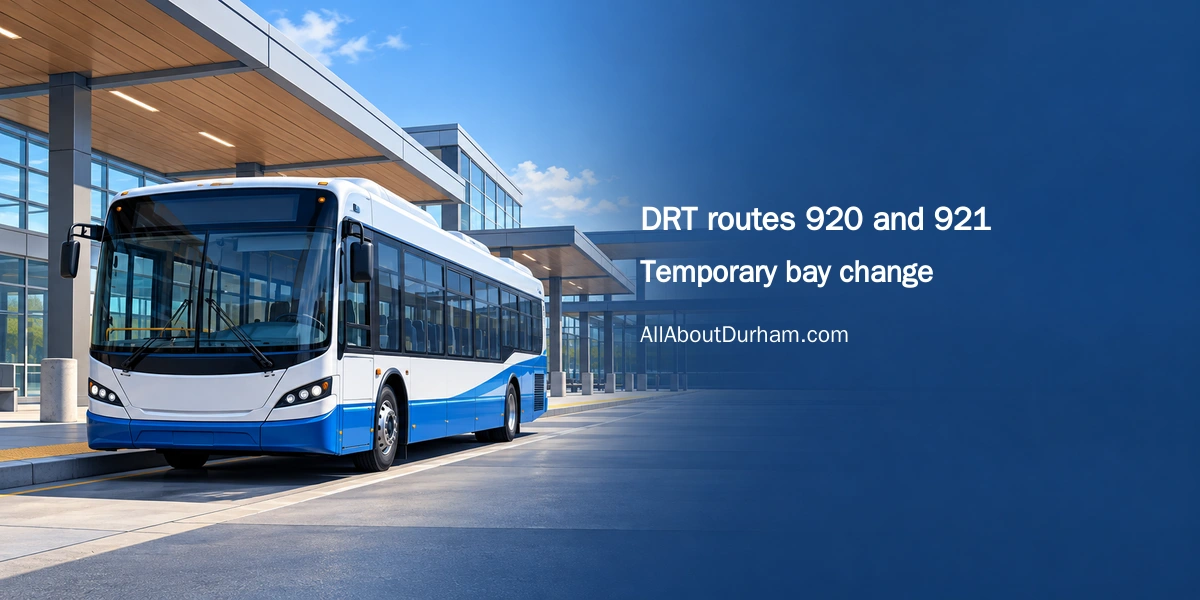 Original editorial illustration of an unbranded bus at a generic terminal, representing a temporary Durham transit bay change; not Scarborough Centre Station.