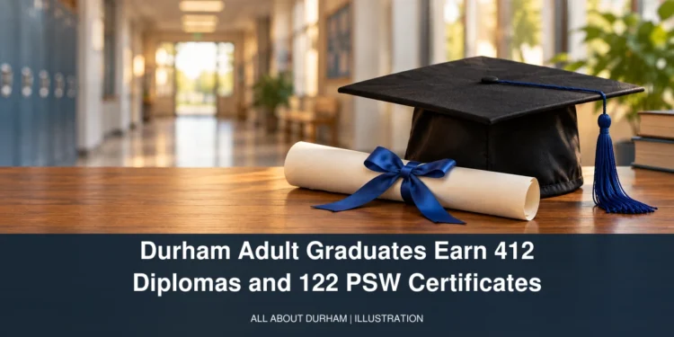 Illustration of a diploma and mortarboard on a desk, with the Durham adult graduation headline.