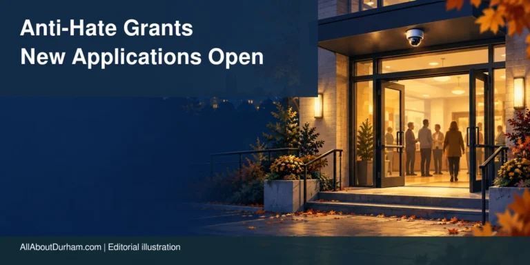 Conceptual editorial illustration of a welcoming generic community hall entrance with a security camera; not a photograph of a specific Durham institution.