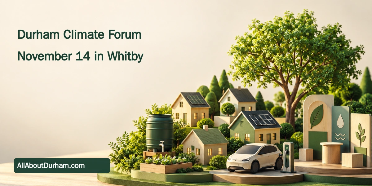 Conceptual editorial illustration of miniature homes, a tree, rain barrel and electric car representing local climate preparedness.
