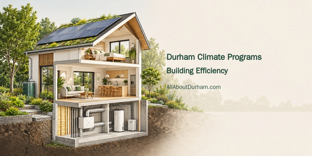 Conceptual editorial illustration of an energy-efficient model home with solar panels, representing Durham building-efficiency programs, not an actual project.