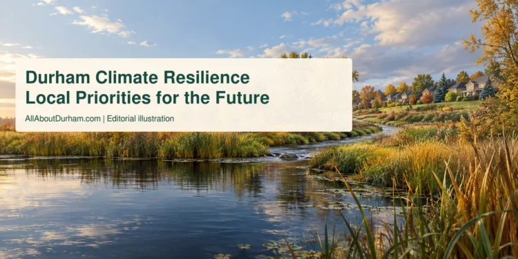 Original editorial illustration of a wetland, creek and autumn trees beside a generic community, representing Durham climate resilience.