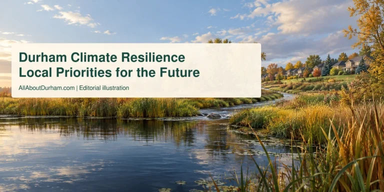 Original editorial illustration of a wetland, creek and autumn trees beside a generic community, representing Durham climate resilience.