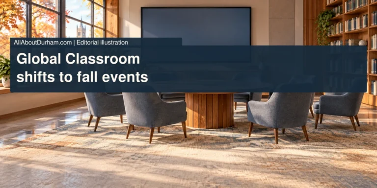 Editorial illustration: a cosy generic college seminar room with an unmarked screen, not the actual classroom.