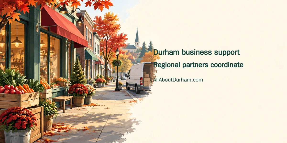 Original editorial illustration of unbranded local shops, produce and a delivery van; a conceptual streetscape, not an actual Durham location.