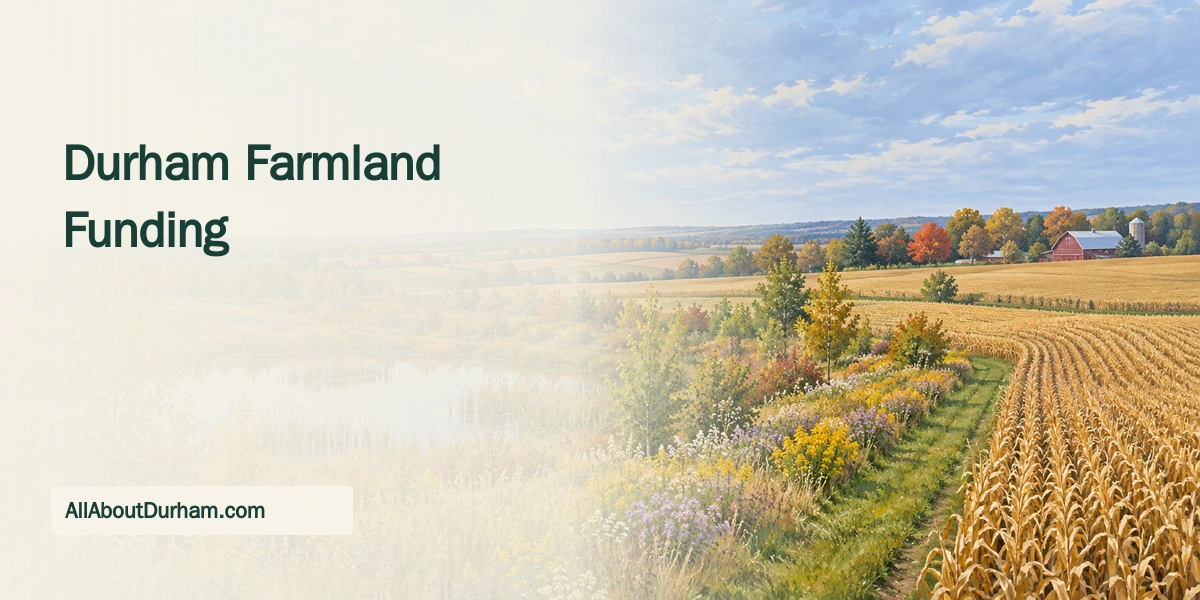 Original editorial illustration of a generic Ontario farm with trees, a wetland and a pollinator strip; a conceptual scene, not a photographed Durham property.