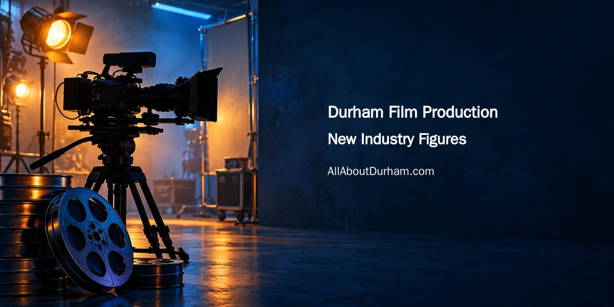 Conceptual editorial illustration of cinema equipment and unmarked film reels under studio lighting; not a photograph of a Durham film shoot.