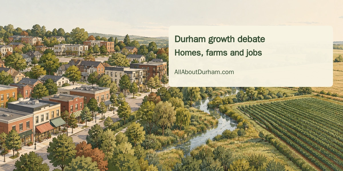Original conceptual editorial illustration of compact neighbourhoods and local shops beside farmland and a creek; not a real development map.