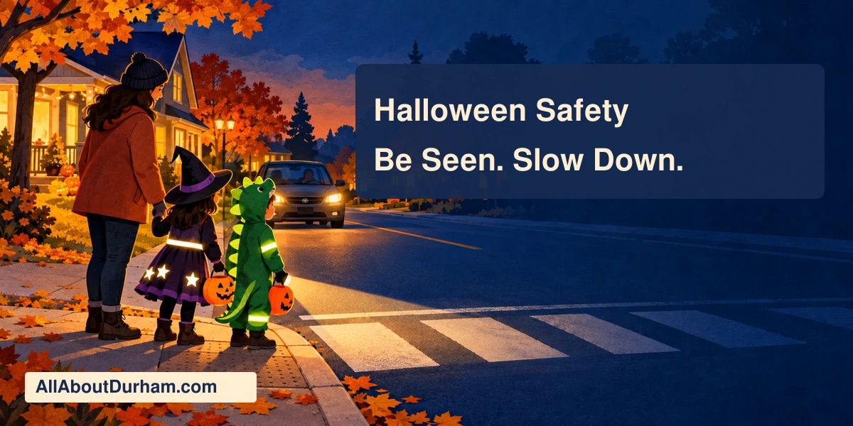 Conceptual editorial illustration of costumed children and an adult waiting at a crosswalk with a flashlight in a generic autumn neighbourhood; not an actual Durham event.