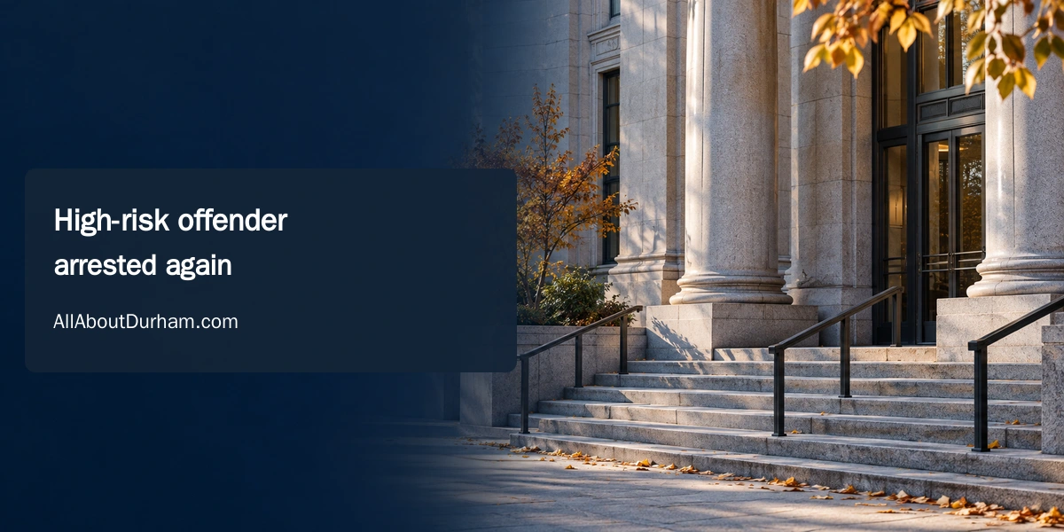Original editorial illustration of a generic courthouse entrance in autumn; not a photograph of a person or incident.