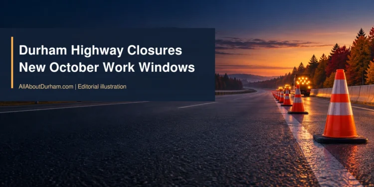 Original editorial illustration of orange cones beside an empty generic divided highway at dawn, representing planned Durham roadwork.