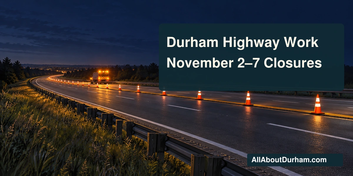 Original conceptual illustration of traffic cones and a generic highway maintenance vehicle under night lighting; not a photograph of the listed Highway 407 work.