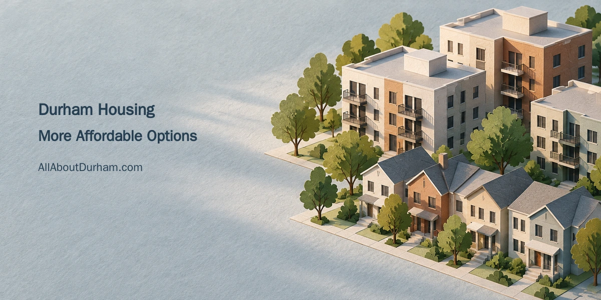 Conceptual editorial illustration of apartment and row-house models, representing housing choices in Durham Region, not actual proposed buildings.