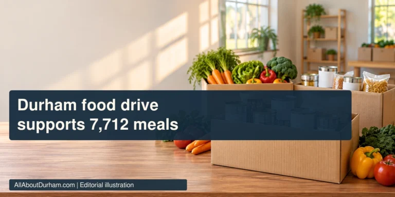 Original conceptual illustration of donated food boxes at a community collection table.