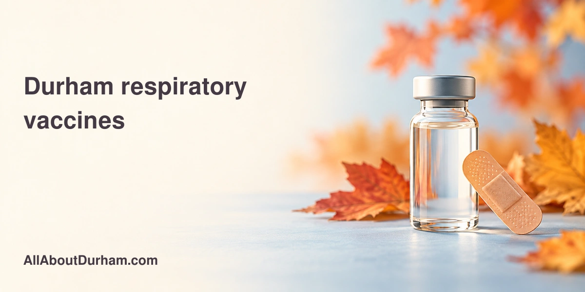 Original editorial illustration of an unlabelled vaccine vial and adhesive bandage with autumn colours; not documentary photography.