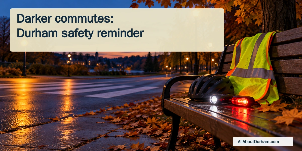 Conceptual editorial illustration of a reflective vest and bicycle lights at dusk, with a generic crosswalk in the distance.
