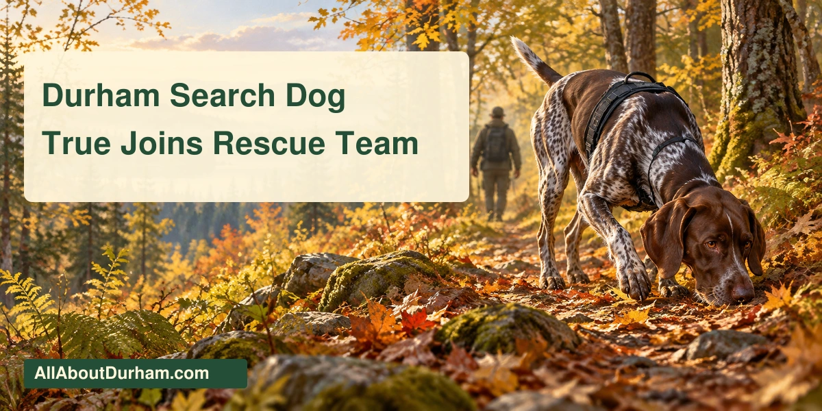 Original editorial illustration of a German Shorthaired Pointer searching an autumn trail; not a portrait of police dog True.