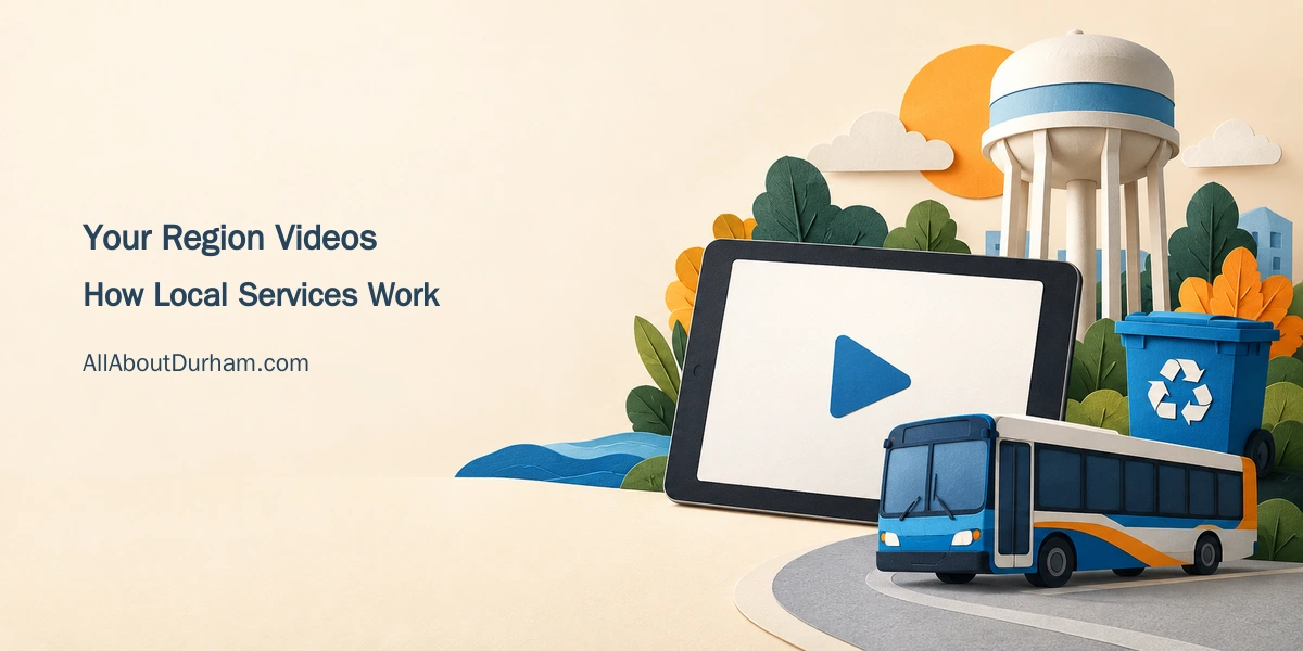 Conceptual paper-cut editorial illustration of public-service models and a blank tablet with a play symbol, representing Durham civic-learning videos.