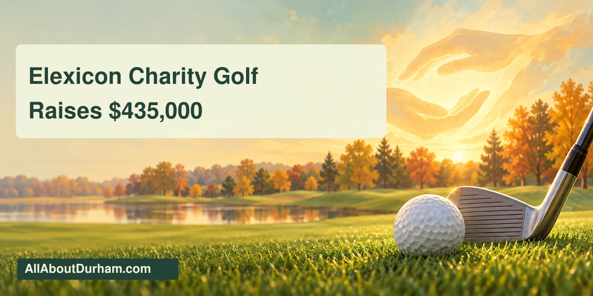 Original conceptual editorial illustration of a golf ball and club on grass with warm autumn light; not a photograph of the tournament or a donation presentation.