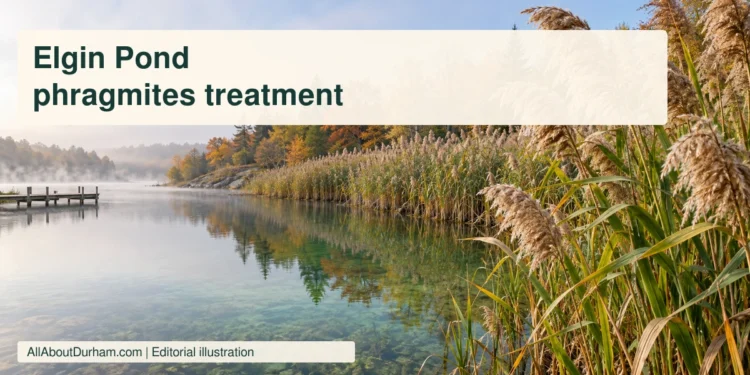 Conceptual editorial illustration of phragmites reeds and a pond-side dock; not a photograph of the treatment site.
