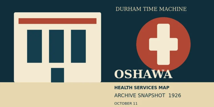 Original illustration of a 1920s civic building and public health symbol for Oshawa history