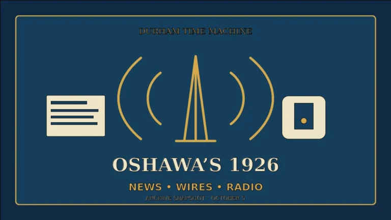 Oshawa’s 1926 Information Network: An October 5 Archive Snapshot Original typographic illustration of an Oshawa 1926 information network with radio tower, newspaper and telephone motifs
