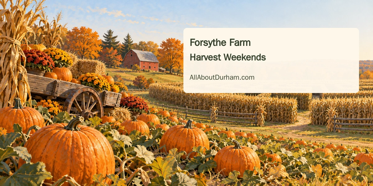 Original editorial illustration of a generic autumn pumpkin patch, corn maze and distant farm building, representing north Durham harvest activities.