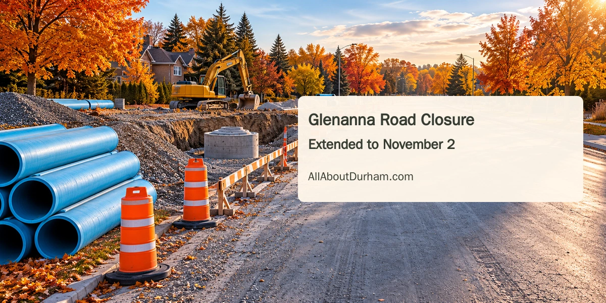 Conceptual illustration of orange barriers and water pipes on a generic autumn street, representing the Glenanna Road closure.