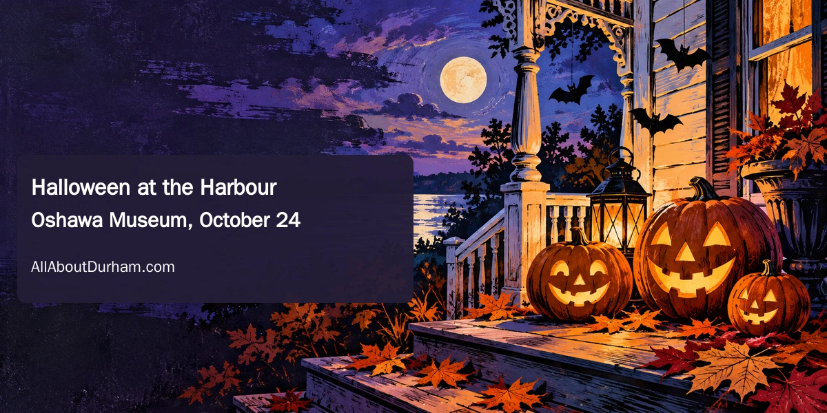 Original editorial illustration of pumpkins, leaves and a lantern on a generic Victorian porch; not a photograph of Oshawa Museum.
