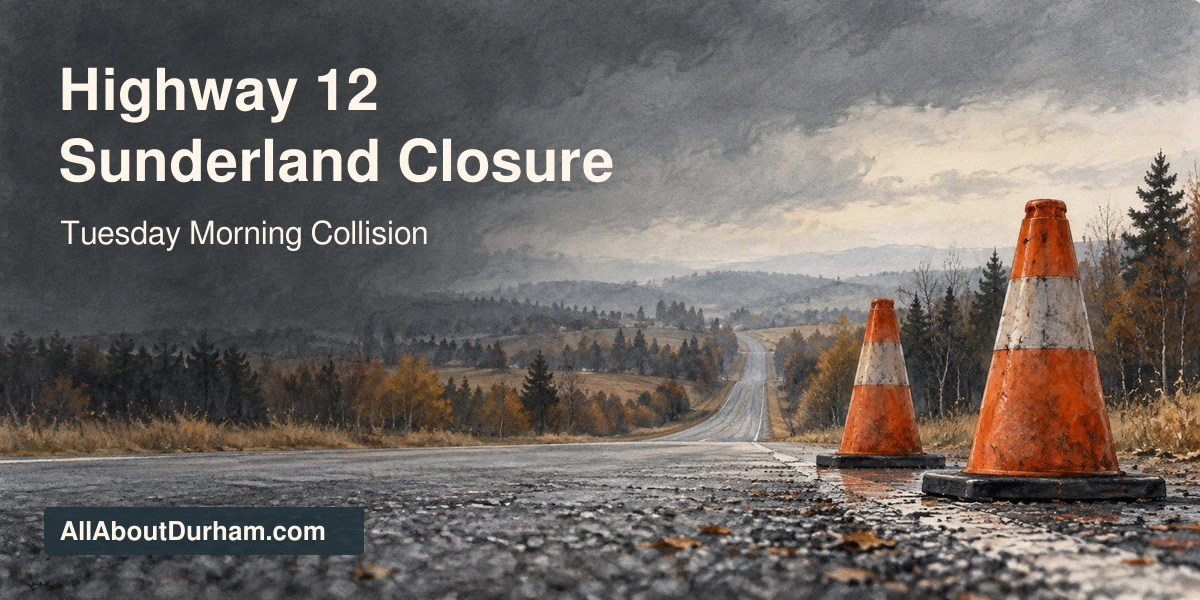Original conceptual watercolour illustration of traffic cones on a rural highway; not a photograph of the Sunderland collision.