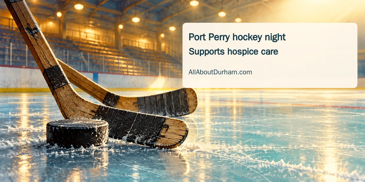 Original editorial illustration of hockey sticks and a puck on ice in a generic community arena; not a photograph of the charity game.