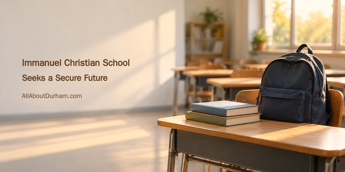 Conceptual editorial illustration of a school backpack and unlabelled books on an empty classroom desk; not a photograph of Immanuel Christian School.