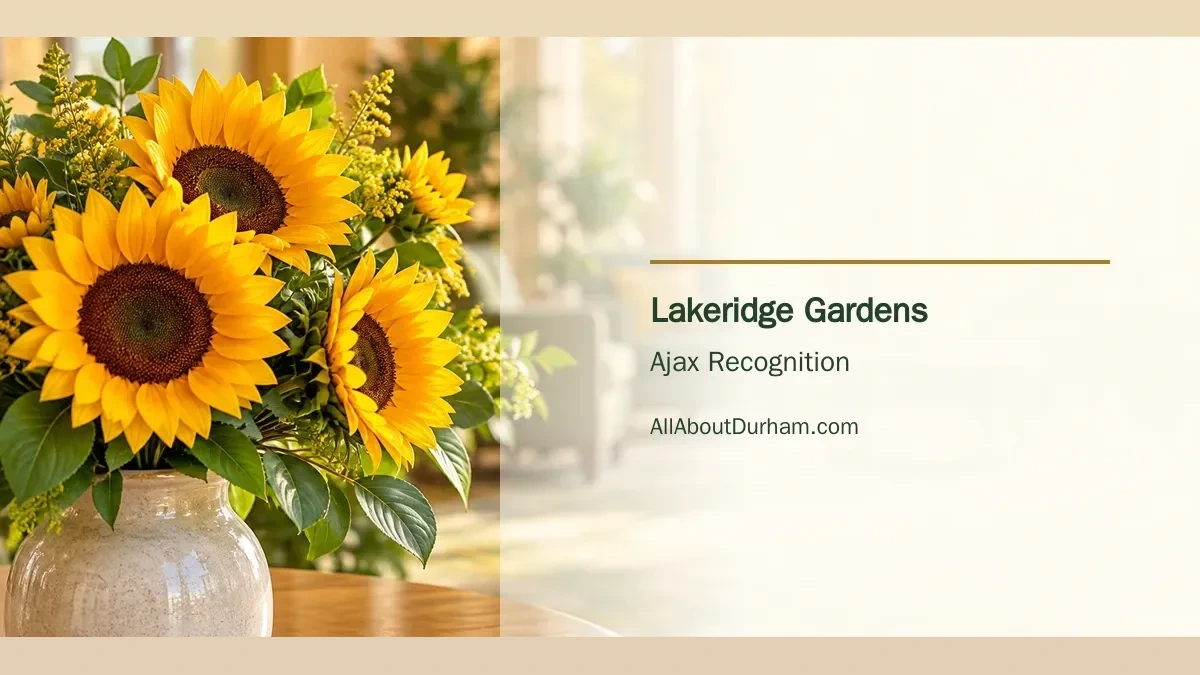Conceptual editorial illustration of sunflowers in a welcoming generic lounge, symbolizing community connections; not a photograph of Lakeridge Gardens.