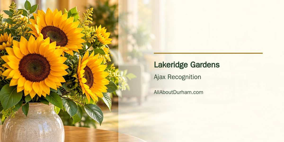 Original editorial illustration of sunflowers in a welcoming generic lounge, symbolizing community connections; not a photograph of Lakeridge Gardens.