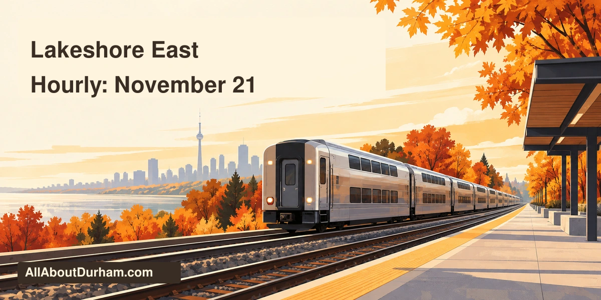 Original conceptual autumn railway illustration with a generic commuter train and platform, not a photograph of a specific GO station.