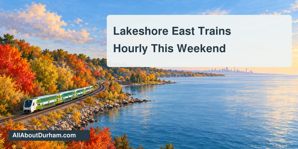 Original editorial illustration of an unbranded commuter train beside an autumn lakeshore; not a photograph of actual service or construction.
