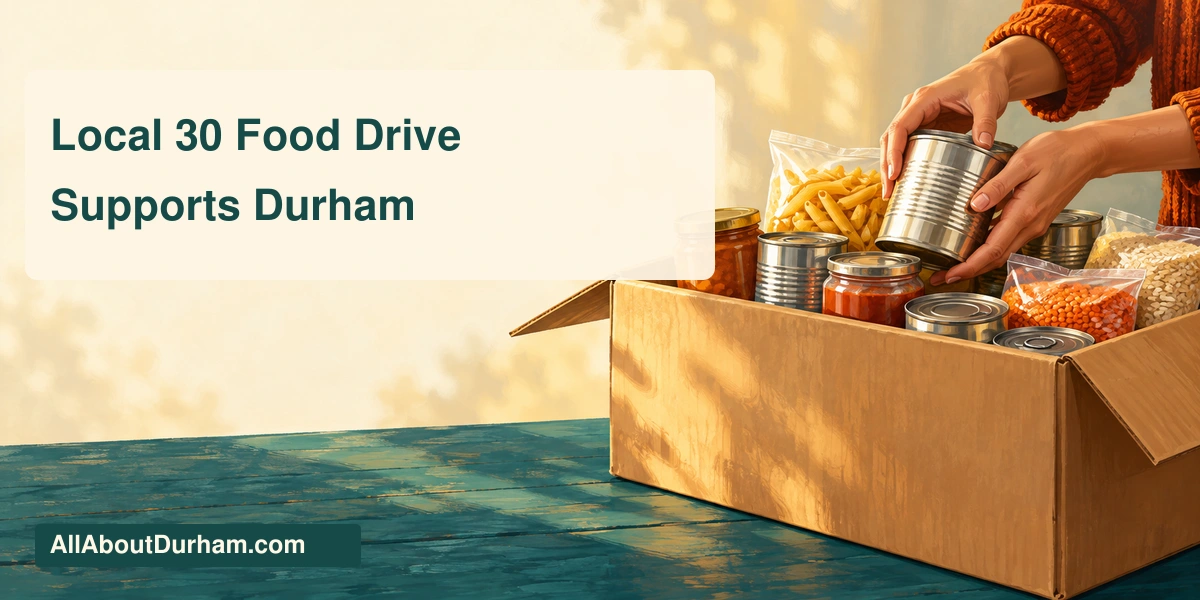 Original editorial illustration of hands placing an unbranded tin in a food donation box; not a photograph of the Local 30 collection.