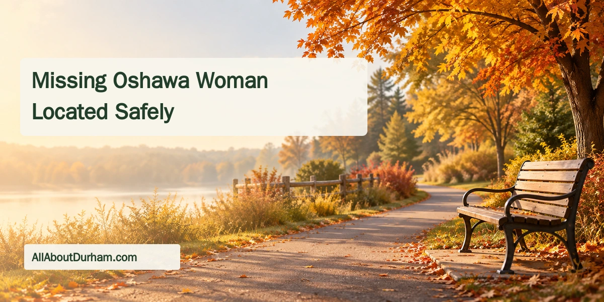Original editorial illustration of a sunlit autumn park path and empty bench, not the woman or an actual search location.