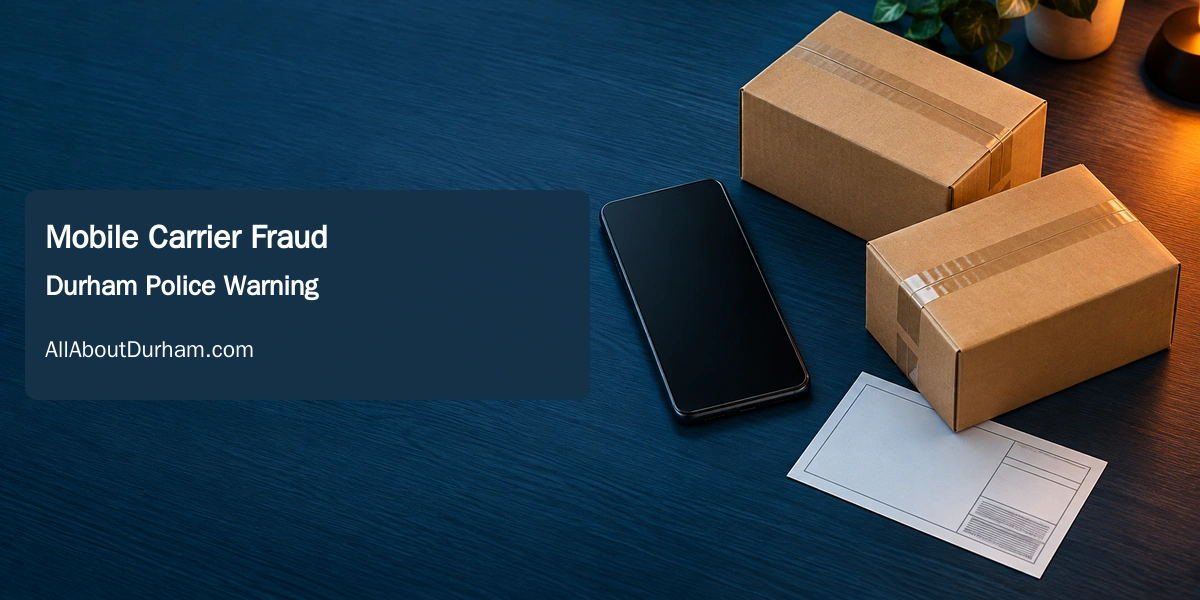Original editorial illustration of an unbranded smartphone and plain shipping parcels; conceptual depiction of mobile carrier fraud.