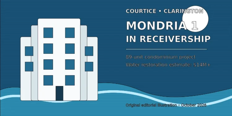 Editorial illustration of the Mondria 1 condominium project in Courtice under receivership