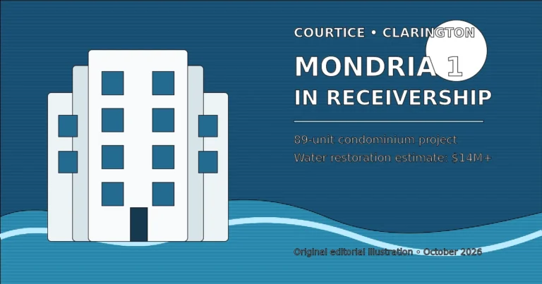 Editorial illustration of the Mondria 1 condominium project in Courtice under receivership