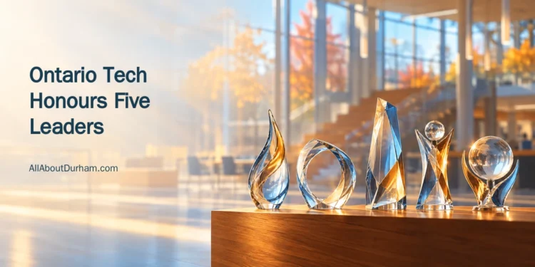 Ontario Tech Awards of Distinction Honour Five Leaders Conceptual editorial illustration of five glass awards in a softly lit learning space; not a photograph of the actual Ontario Tech trophies.