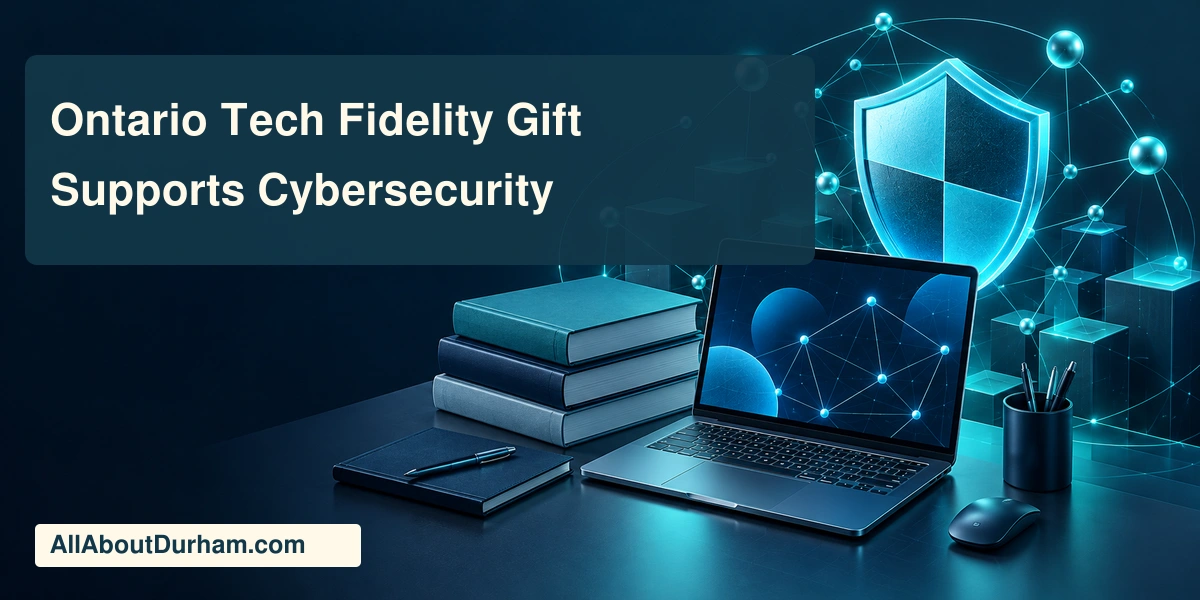 Original editorial illustration of a cybersecurity research workstation, abstract network shield and textbooks; not documentary campus photography.