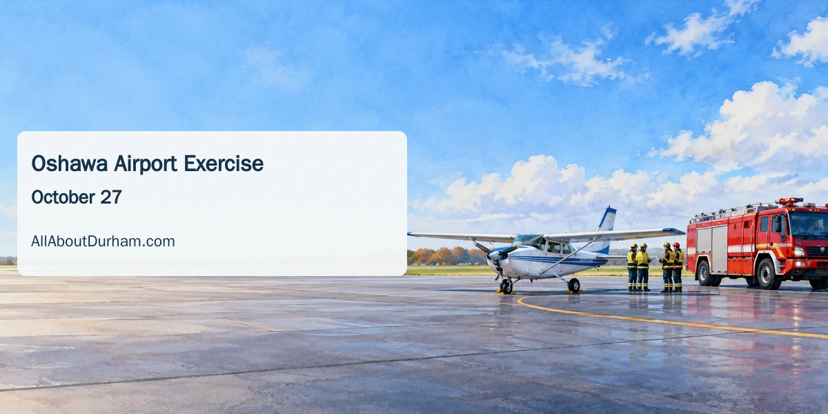 Conceptual editorial illustration of a small aircraft and emergency vehicle on an airport apron; not a photograph of Oshawa airport.