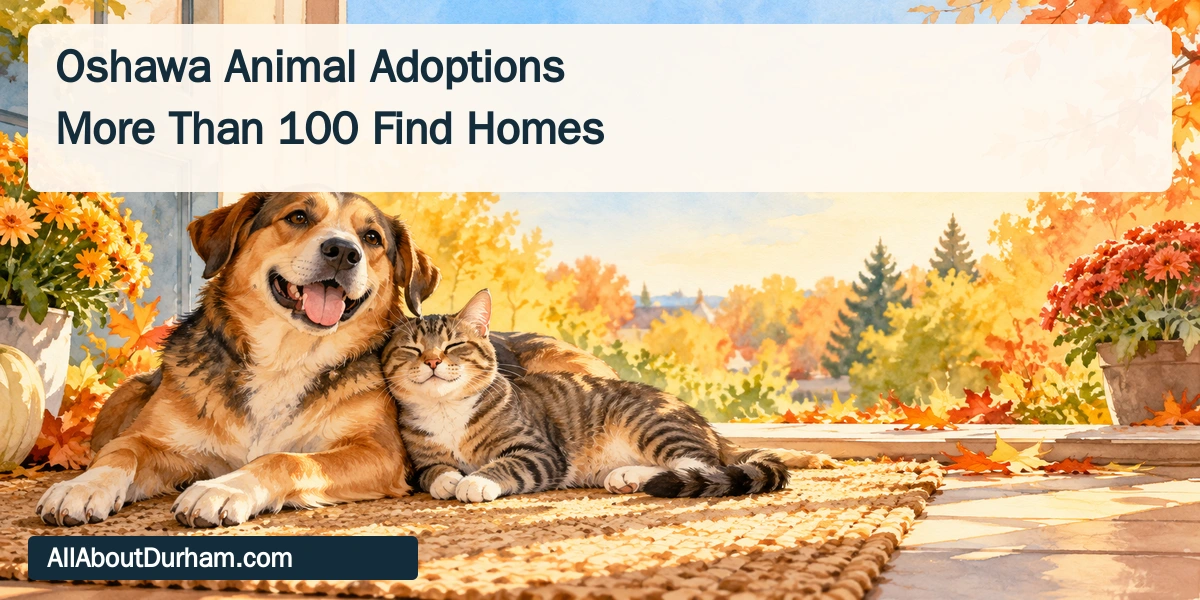 Conceptual watercolour illustration of a dog and cat near a sunny doorway; not actual animals adopted in Oshawa.