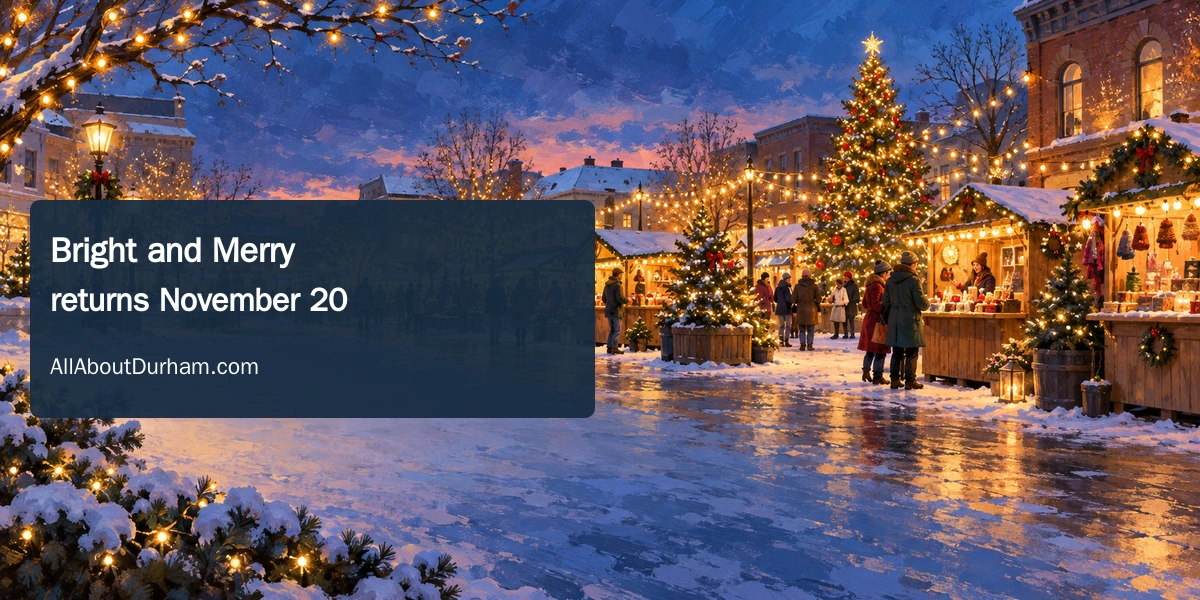 Original editorial illustration of an imagined Ontario holiday market at dusk with lights and artisan stalls; not a photograph or exact rendering of downtown Oshawa.
