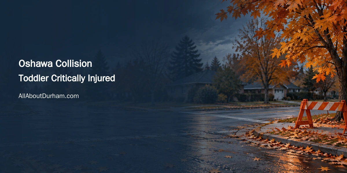 Original editorial illustration of a quiet generic residential intersection with a road barricade; not a depiction of the Oshawa collision.