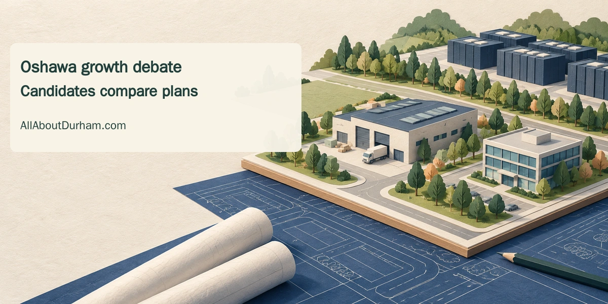 Original conceptual editorial illustration of a tabletop industrial and office planning model; not a real Oshawa development proposal.